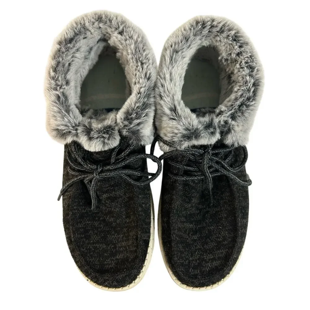 HEY DUDE Ladies’ Wendy Fold Black/Gray Faux Fur Lace Up Size 8 US